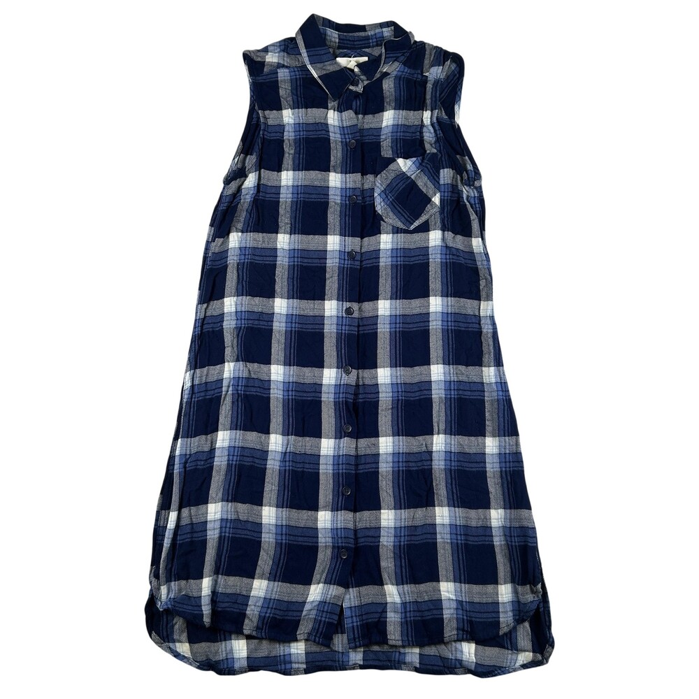 BLL New York Shirt Dress Womens Small Blue Plaid Sleeveless Hi-Low Button Front